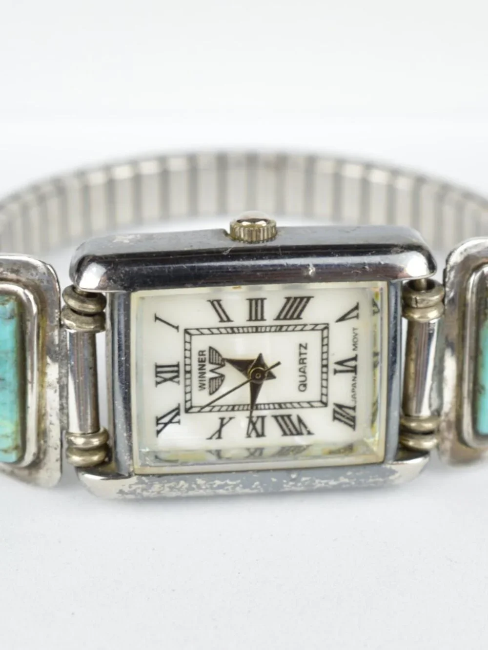 VTG Navajo Harry Bert Sterling Silver Turquoise Coral Cobble Inlay Watch Tips